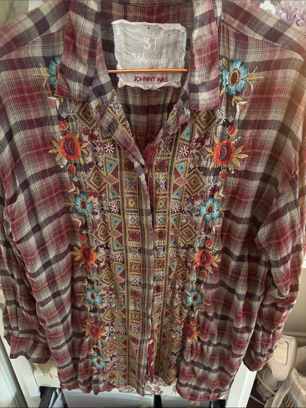 Johnny Was Plaid Button-Down Shirt with Multicolor Floral Embroidery